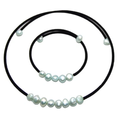 Juego de pulsera collar cables cuerda cuero negro perla barroca multicolor de 7-8 mm Foto 1 de 4