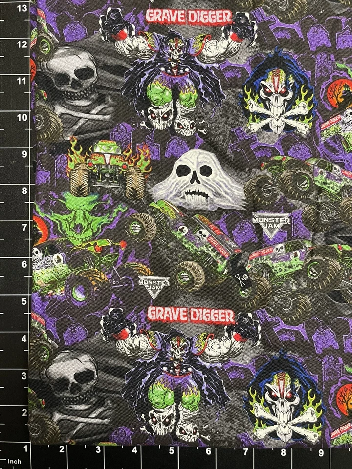 Tina SCRAP 9"x21" Halloween Monster Truck Skull Flame Grave Creepy Cotton Fabric - Image 1 of 1