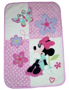 Disney Baby Minnie Mouse Plush Flowers Butterflies Hearts Blanket Polka Dots - Picture 1 of 1