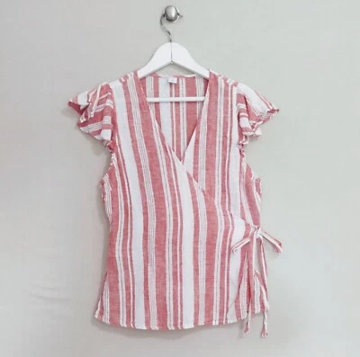 Old Navy Shirt Womens Small Red Linen Wrap Stripe Top Cap Sleeve Linen Ladies - Image 1 of 3