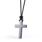Wolentty Stone Cross Pendant Adjustable Leather Necklace Gift for Men (Hematite)
