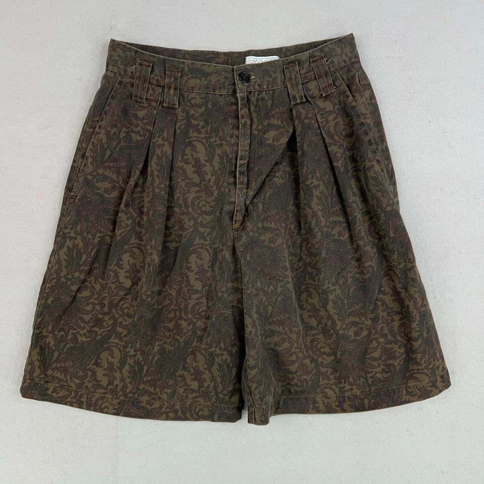 Vintage Skoozi Shorts Womens 13 Brown Olive Green Paisley Damask Pleated Grandma - Image 1 of 4