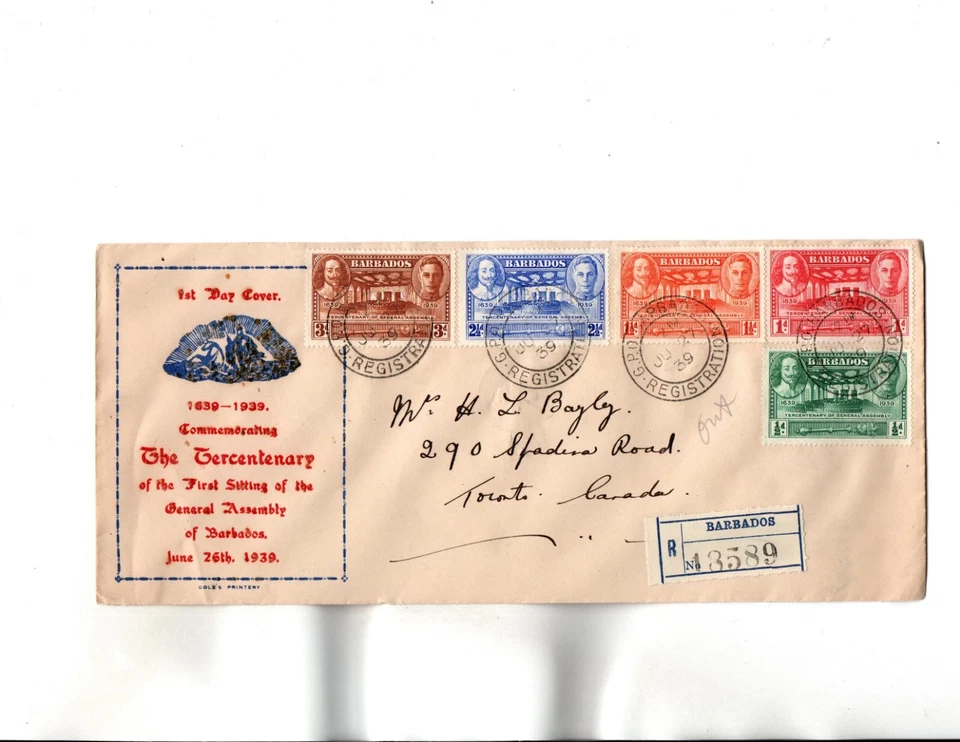 Barbados FDC Sc#202 to 206 June 27,1939 - Image 1 of 1