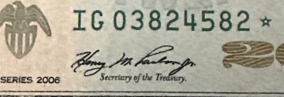 RARE 2006 $20 TWENTY DOLLAR STAR ✯ NOTE CHICAGO, IL - LOW SERIAL # IG 03824582 ✯ - Image 1 of 4