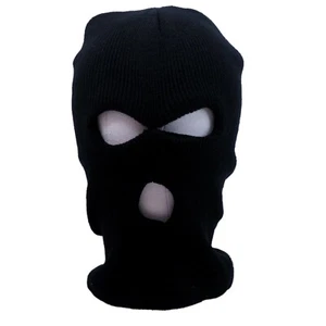 SCHWARZ 3 LÖCH GESICHTSMASKE WINTER THERMISCH WARM STRICK LANGE BEANIE SKI-STURMHAUBE - Bild 1 von 2
