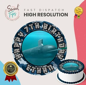 NUCLEAR SUBMARINE ROUND EDIBLE BIRTHDAY CAKE TOPPER DECORATION PERSONALISED  - Picture 1 of 1