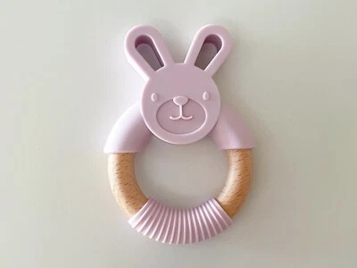 Nuevo anillo de dentición de bebé de madera de haya natural de silicona para conejito azul menta rosa lila Foto 1 de 4