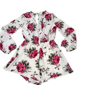 Romper floral print romper lightweight NEW open back white pink SM long sleeve - Picture 1 of 10