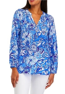 Lilly Pulitzer NWT Elsa Silk Top Blue Tang Flocking Fabulous $178 Size L,XL - Picture 1 of 24