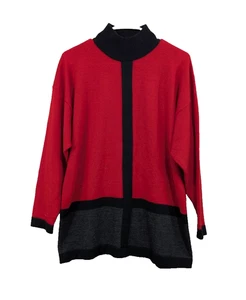 Valerie Stevens Petite LARGE Red Black 100% Merino Wool Mock Turtleneck Sweater - Picture 1 of 14