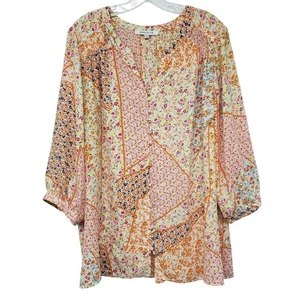 Rose + Oliv Rosa Orange Blumen Knopfleiste Dichter Bluse Boho Top Karriere Büro - Bild 1 von 12