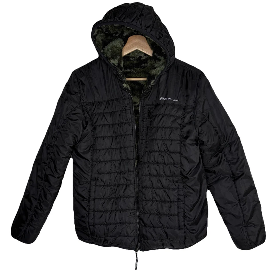 Eddie Bauer Adolescentes Niños Negro Camuflaje Puffer Chaqueta Sudadera con Capucha L 14/16Y Vellón Reversible Foto 1 de 4