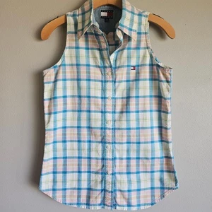 Top de Colección Tommy Hilfiger Sin Mangas con Botones Talla 4 Amarillo Mantequilla A Cuadros Y2K Golf - Imagen 1 de 10