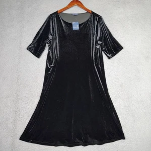 Lands' End Midi Dress Women's XL 18 Black Velvet Stretch Short Sleeve A-Line NWT - Picture 1 of 9