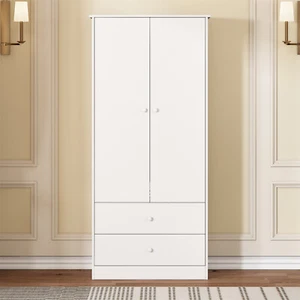 Kleiderschrank mit Stange 2 Schubladen Garderobenschrank Flurgarderobe Weiß - Bild 1 von 12