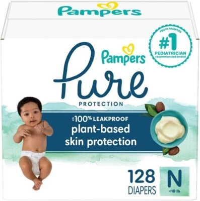 Pañales Pampers Pure Protection recién nacido - tamaño 0, 128 unidades, hipoalergénicos Foto 1 de 4