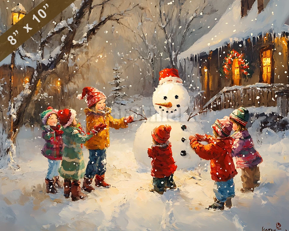 Escena de Navidad con niños construyendo un muñeco de nieve pintura al óleo impresión 8x10 Foto 1 de 1