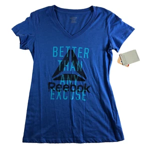 Reebok Womens Slim Top Sz S Blue Better Than Any Excuse V-Neck Short Sleeve NWT - Picture 1 of 15