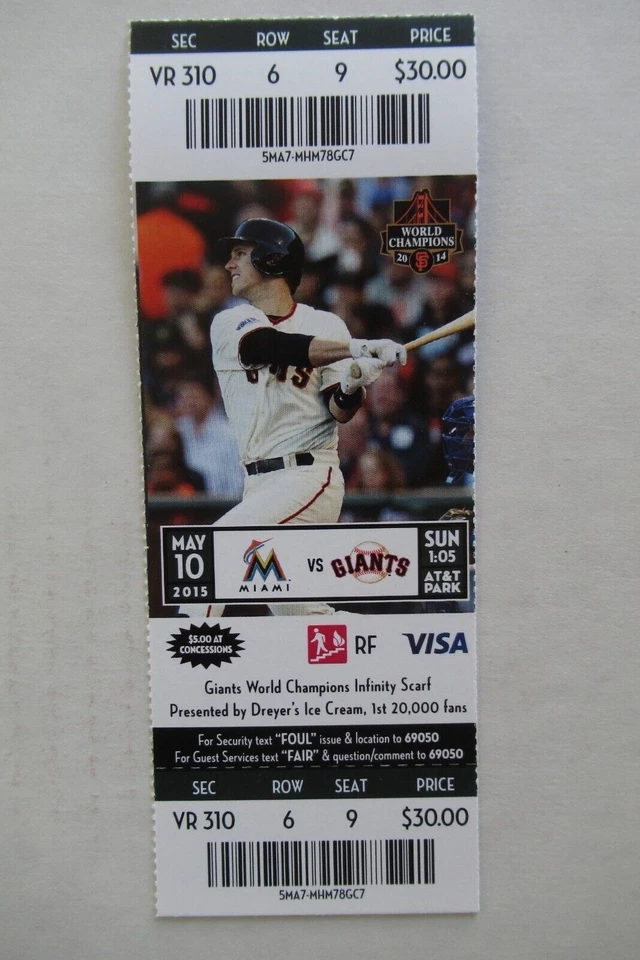 SAN FRANCISCO GIANTS VS MIAMI MARLINS 5/10/2015 BOLETO COMPLETO Foto 1 de 1