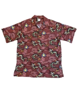 RARE Vintage Go Barefoot Hawaiian Aloha Shirt Men's M Dragons Clouds Allover Red - Picture 1 of 9