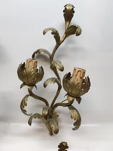 Applique a 2 luci in ferro battuto foglie acanto oro illuminazione classica casa - Foto 1 di 19