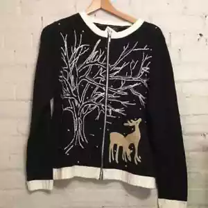 Reference Point NWT Womens L Vintage Y2K Black Cream Deer Zip Cardigan Sweater - Picture 1 of 4