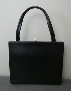 Bolso de mano Dofan France delgado delgado de cuero negro de los años 50 interior tostado - Imagen 1 de 10