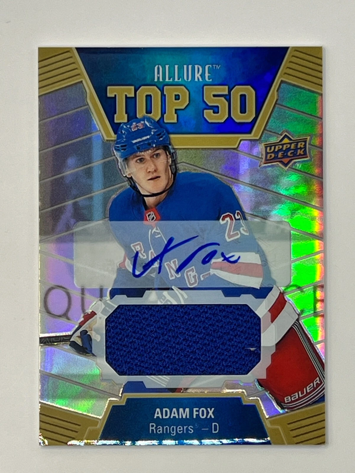 ADAM FOX 19-20 UD ALLURE /25 "TOP 50" AUTO JERSEY T50-5 RANGERS *RARE*