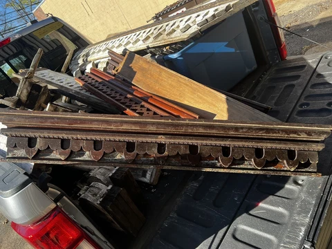 Folky c1880 vintage WINDOW pediment VICTORIAN lintel header Pine 46.5/7/2 7/8” B Cover