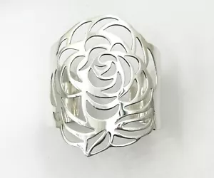 Chanel Rare 925 Solid Silver Camellia Cutout Bangle Cuff Bracelet - Picture 1 of 5