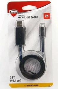 UNIDAD AUTOMÁTICA, Cable de Carga/Sincronización Micro USB Luz LED, 3 Pies, Negro con LED Azul - Imagen 1 de 4