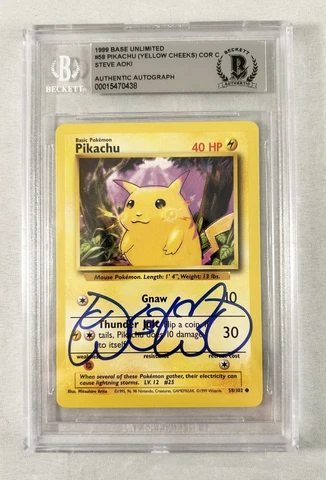 Steve Aoki Signed Pokemon Card Pikachu 58/102 1995 Beckett BAS COA Cover