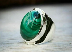 Solid 925 Sterling Silver Natural Green Malachite Gemstone Men's Unisex BandRing - Picture 1 of 9