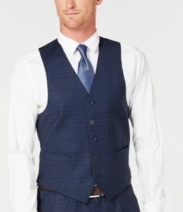 $150 Michael Kors Men Blue Classic Fit 5 Button Wool Plaid Dress Suit Vest 43 R - Picture 1 of 2