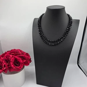 Womens Silver Tone Chain Two Strand Black Beaded Statement Class Necklace 22" - Picture 1 of 8