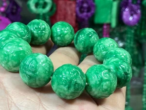 "Pulsera de cuentas talladas a mano de jadeíta verde natural de Myanmar de 20 mm 7,5""" - Imagen 1 de 6