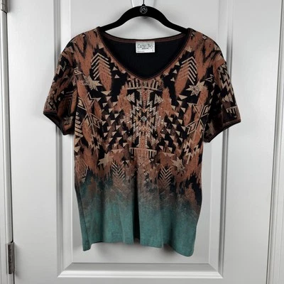 Camisa Cactus Bay Mujer Grande Marrón Turquesa Estampado Azteca Estrás Oeste EE. UU. Foto 1 de 4
