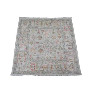4'2"x4'2" Daisy White Afghan Angora Oushak Hand Knotted Wool Square Rug G20769 - Picture 1 of 6