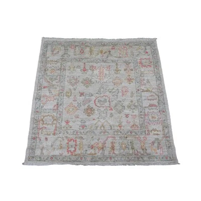 4'2"x4'2" Daisy White Afghan Angora Oushak Hand Knotted Wool Square Rug G20769 - Image 1 of 4