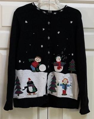 VTG Christmas Cardigan Sweater Heavyweight Black Knit Women's Sz Large Snowman - Image 1 of 4