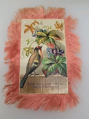Victorian Double-Sided Christmas Card w/ Birds & Fringe c.1890s - Image 1 of 4