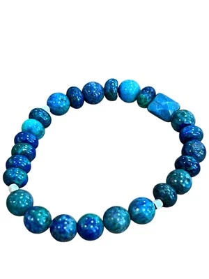 "Pulsera elástica espaciadores de tono latón con cuentas de piedra azurita para dama 6,25""" Foto 1 de 4