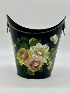 Contenitore cestino rifiuti vintage in metallo dipinto a mano con manici testa di leone - Foto 1 di 8