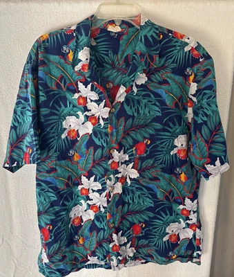 Винтажная гавайская рубашка Jade Fashions мужская размер XL сине-зеленая с красными попугаями сделано в США - Изображение 1 из 4