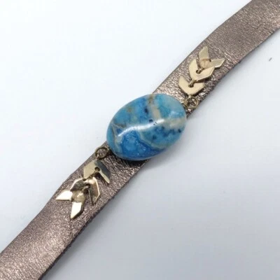 Pulsera de cuero de piedra jaspe ágata cabujón azul Foto 1 de 4