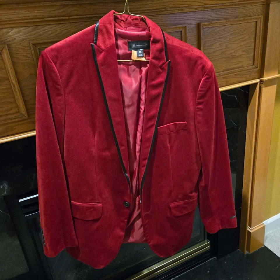Abrigo deportivo INC International Concepts para hombre mediano rojo terciopelo blazer cena satinado Foto 1 de 4