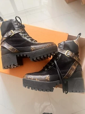 NEW Louis Vuitton Black Ankle Boots Combat Lace Up LV Logo Patent 36 - Image 1 of 4