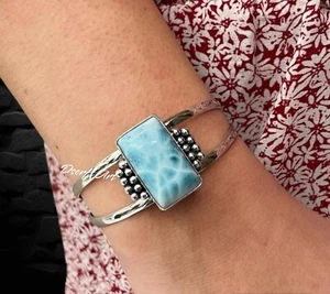 Larimar Gemstone Adjustable Cuff Bracelet, 925 Sterling Silver Handmade Bangle - Picture 1 of 8