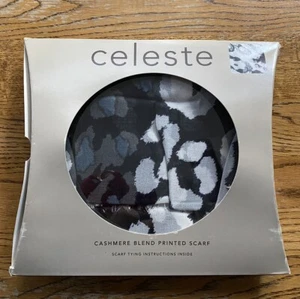 Celeste Cashmere Blend Animal Printed White Blue & Black Scarf - Picture 1 of 2