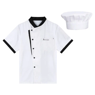 Mens Chef Jacket Coat Uniform Kitchen Short Sleeve Jackets Work Cook Top +Hat - Image 1 of 4